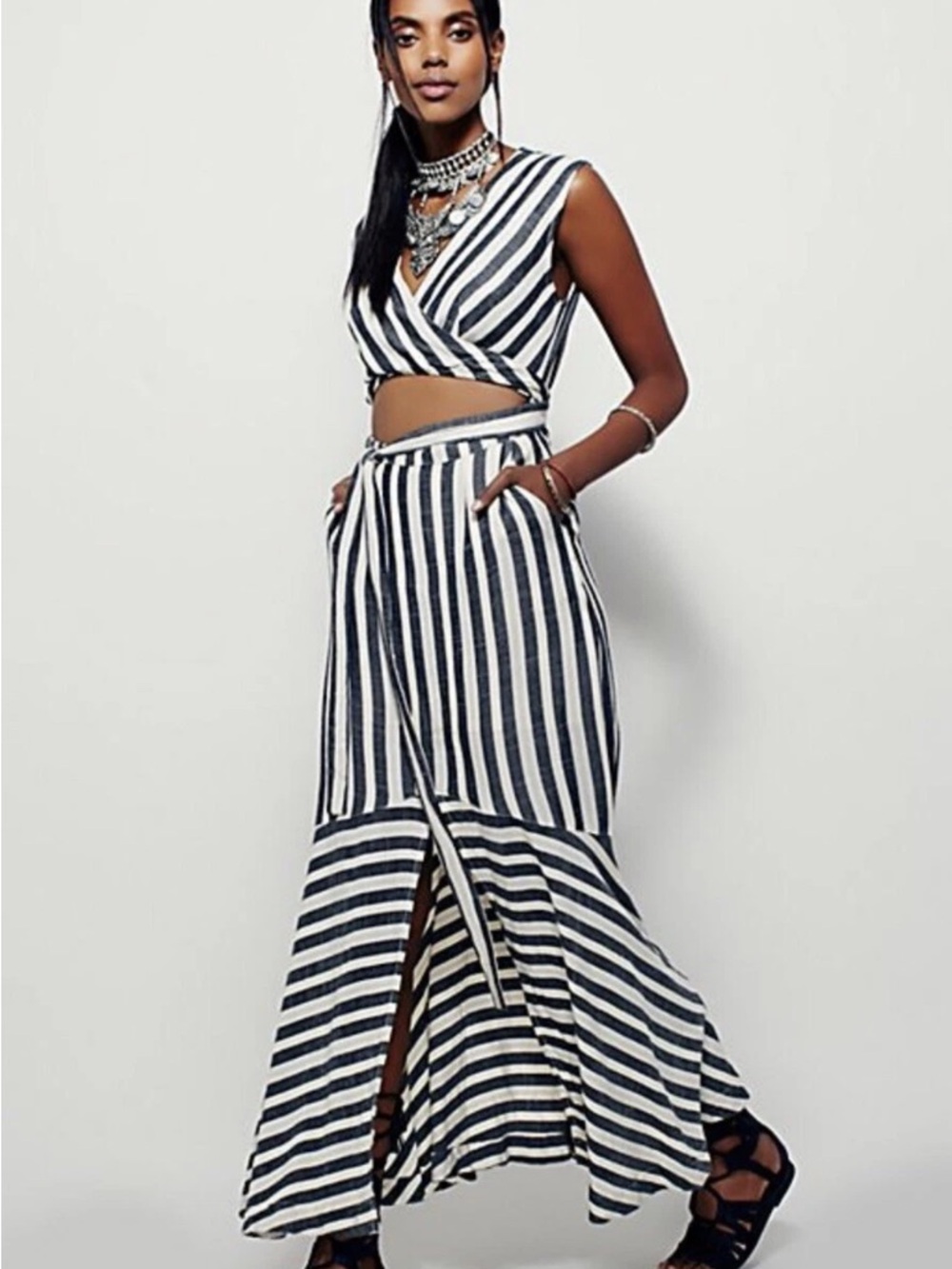 FREE PEOPLE | Dark Gray Blue LA Babe Stripe Midi Maxi Dress Ruffle Wrap